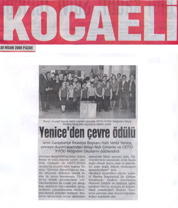 , YENİCE&#8217;DEN ÇEVRE ÖDÜLÜ