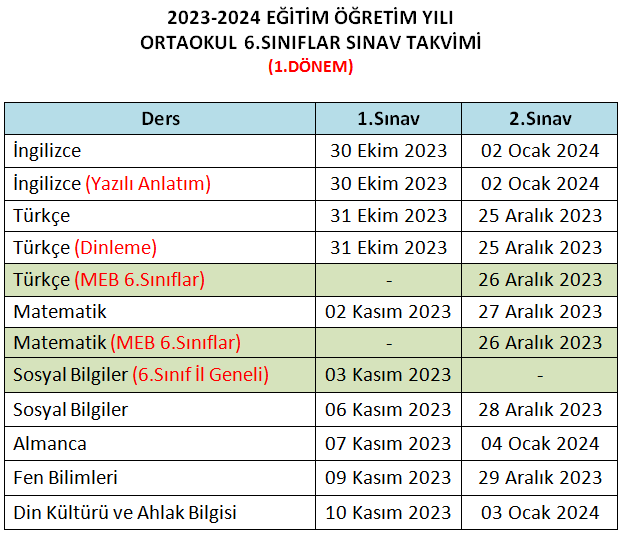 , Sınav Takvimi